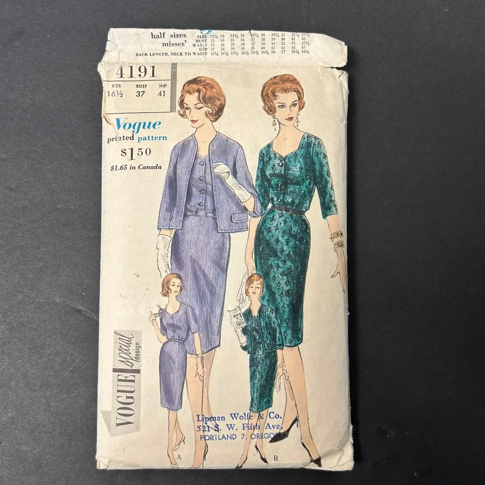 Vintage 60's Vogue 4191 Sewing Pattern Misses 16.5 Dress Jacket Set